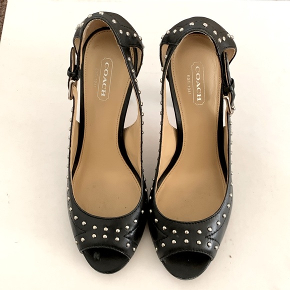 Coach Billee Black Leather Studded Peep Toe Heels Pumps - Picture 1 of 5